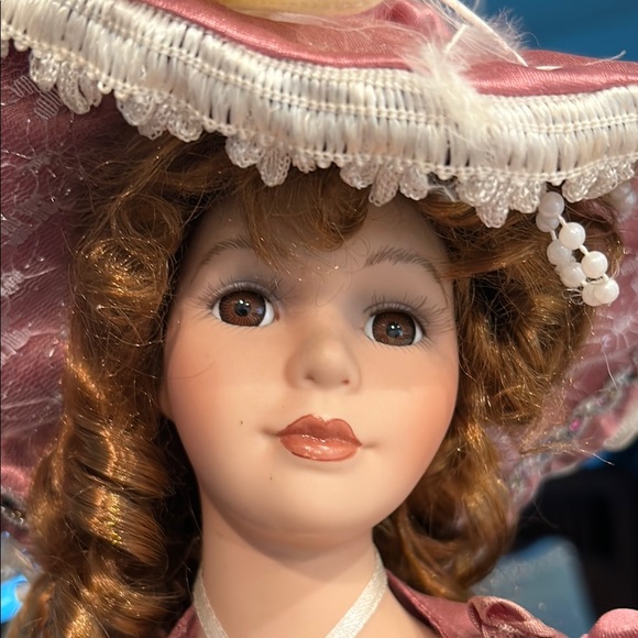 Elegant Pink Porcelain Doll with Lace Hat, auburn curls - Picture 3 of 9